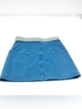 Authentic Chanel A-Line Blue Denim Mini Skirt with Front Zip and Patch Pockets